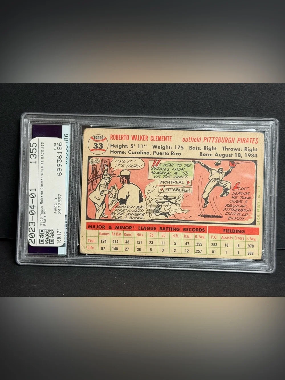 Roberto Clemente 1956 Topps #33 White Back Pittsburgh Pirates PSA 1